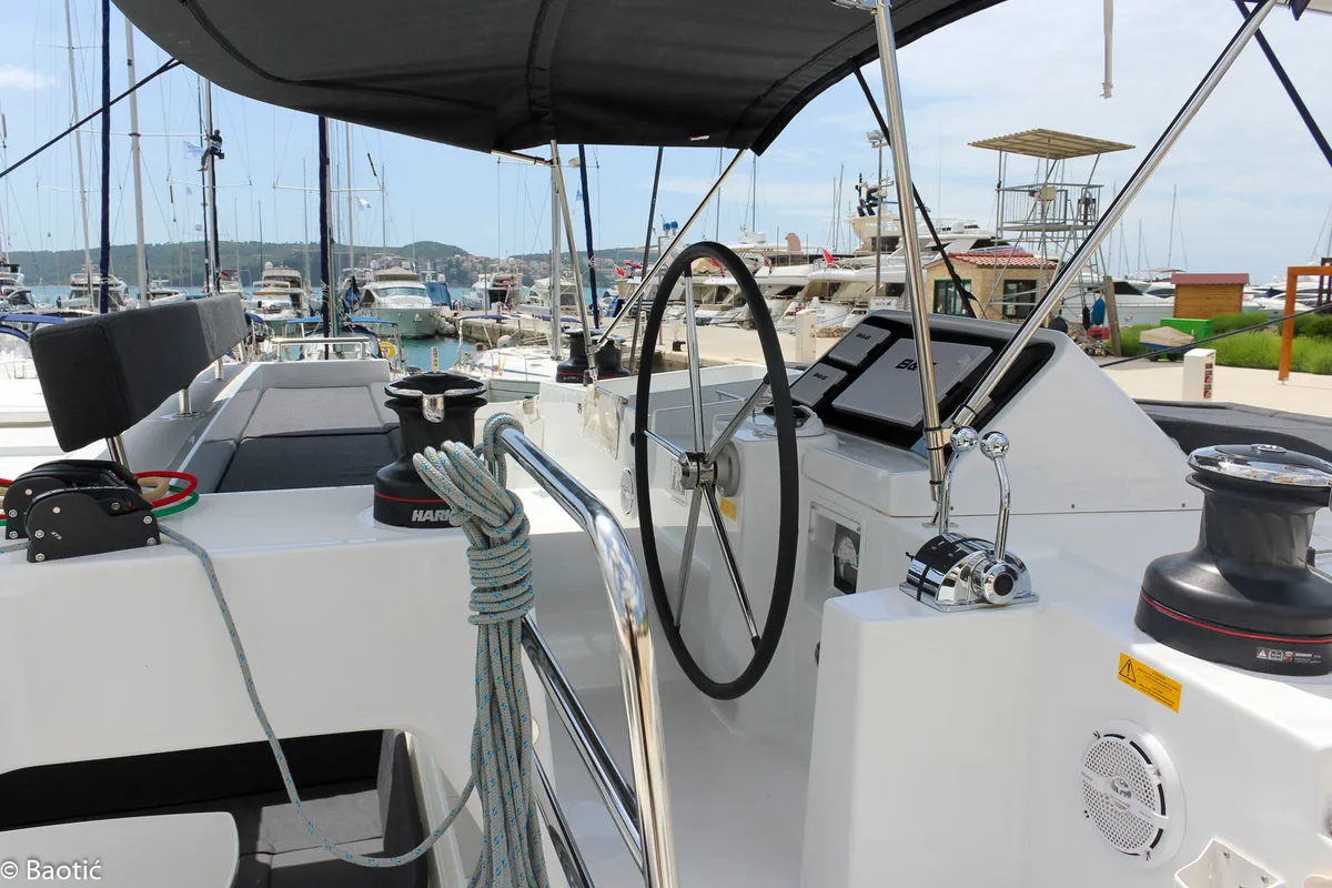 Cockpit of Moja Mala, a Lagoon 450 catamaran at Seget Donji, Croatia