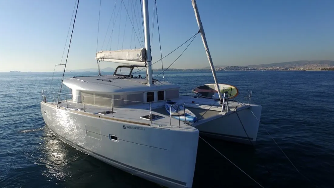 Exterior view of Sailing Blue 4, a Lagoon 400 S2 catamaran at Athens, Greece