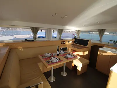 Salon of Sailing Blue 4, a Lagoon 400 S2 catamaran at Athens, Greece