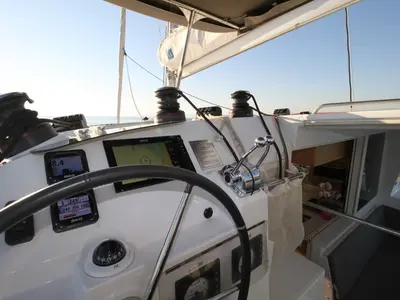 Cockpit of Sailing Blue 4, a Lagoon 400 S2 catamaran at Athens, Greece