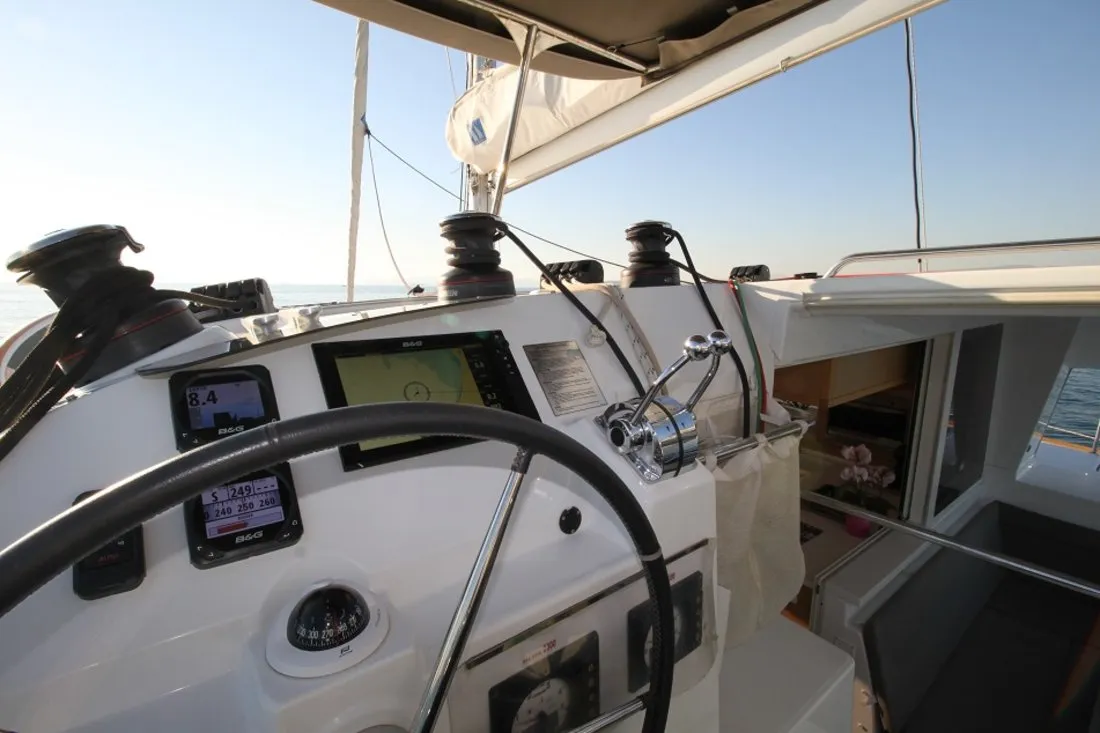 Cockpit of Sailing Blue 4, a Lagoon 400 S2 catamaran at Athens, Greece