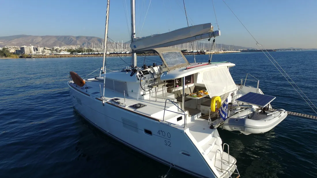 Exterior view of Sailing Blue 4, a Lagoon 400 S2 catamaran at Athens, Greece