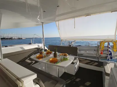 Deck of Sailing Blue 4, a Lagoon 400 S2 catamaran at Athens, Greece