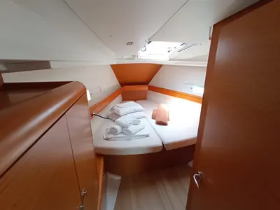 Cabin on Eternity, a Jeanneau Sun Odyssey 409 sailboat at Lefkada, Greece