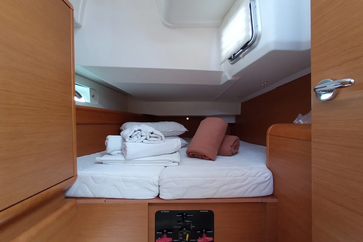 Cabin on Eternity, a Jeanneau Sun Odyssey 409 sailboat at Lefkada, Greece