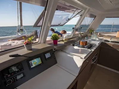 Cockpit of Rafaela, a Bali Catspace catamaran at Municipal Unit of Lefkada, Greece