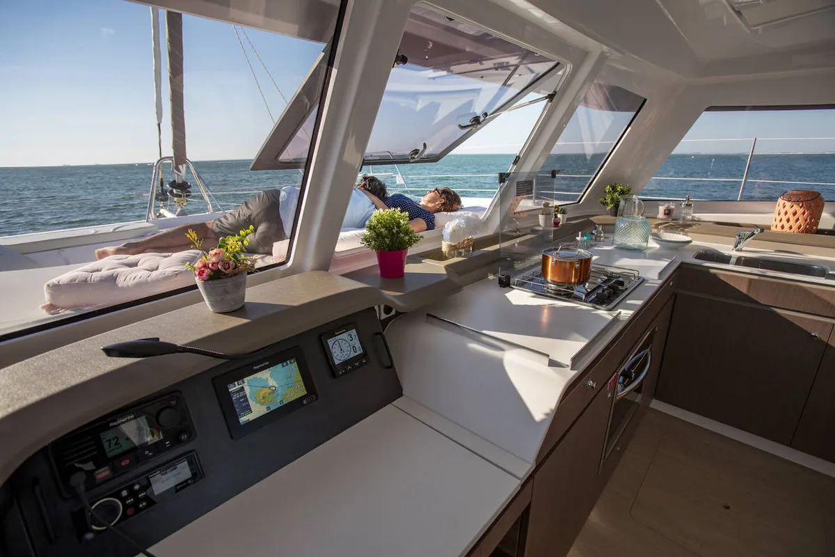 Cockpit of Rafaela, a Bali Catspace catamaran at Municipal Unit of Lefkada, Greece