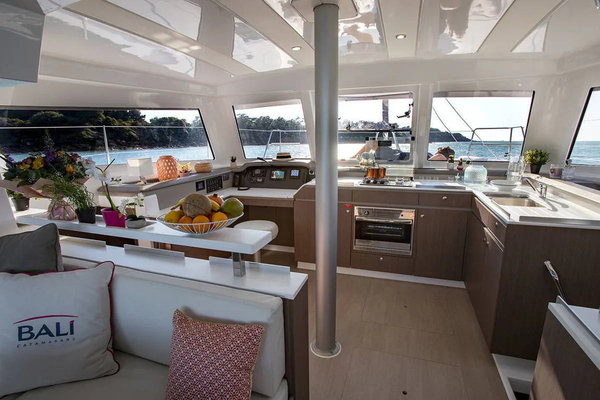Salon of Rafaela, a Bali Catspace catamaran at Municipal Unit of Lefkada, Greece