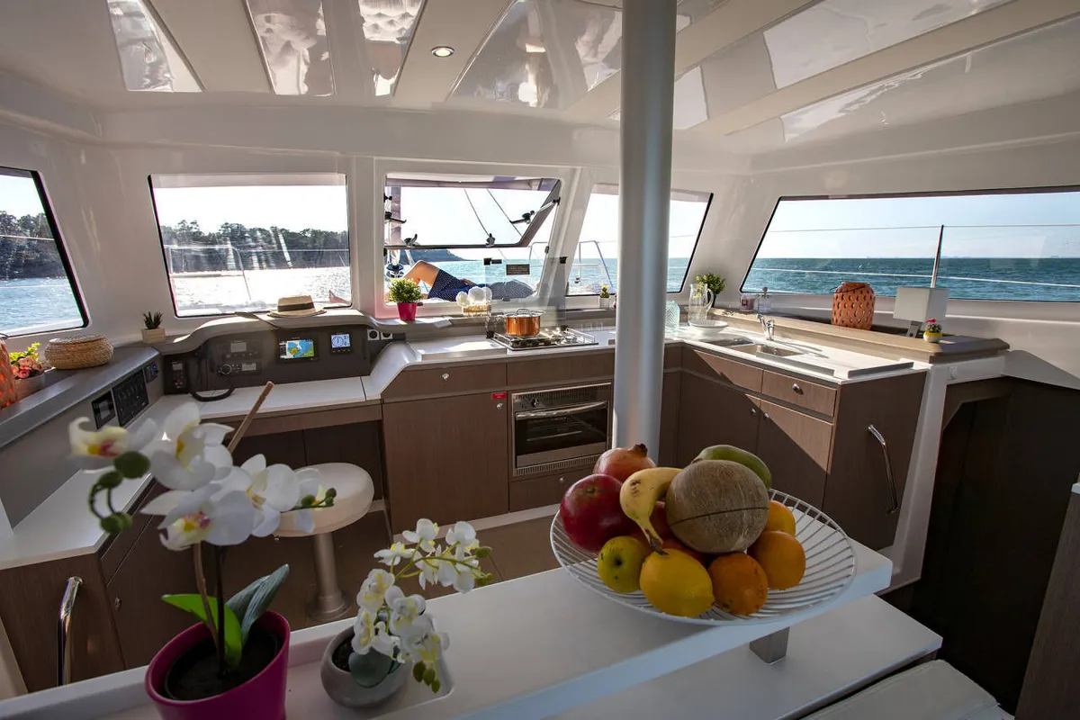Galley of Rafaela, a Bali Catspace catamaran at Municipal Unit of Lefkada, Greece
