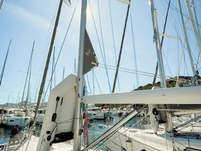 Deck of Domi, a Dufour 412 Grand large sailboat at Olbia, Italy
