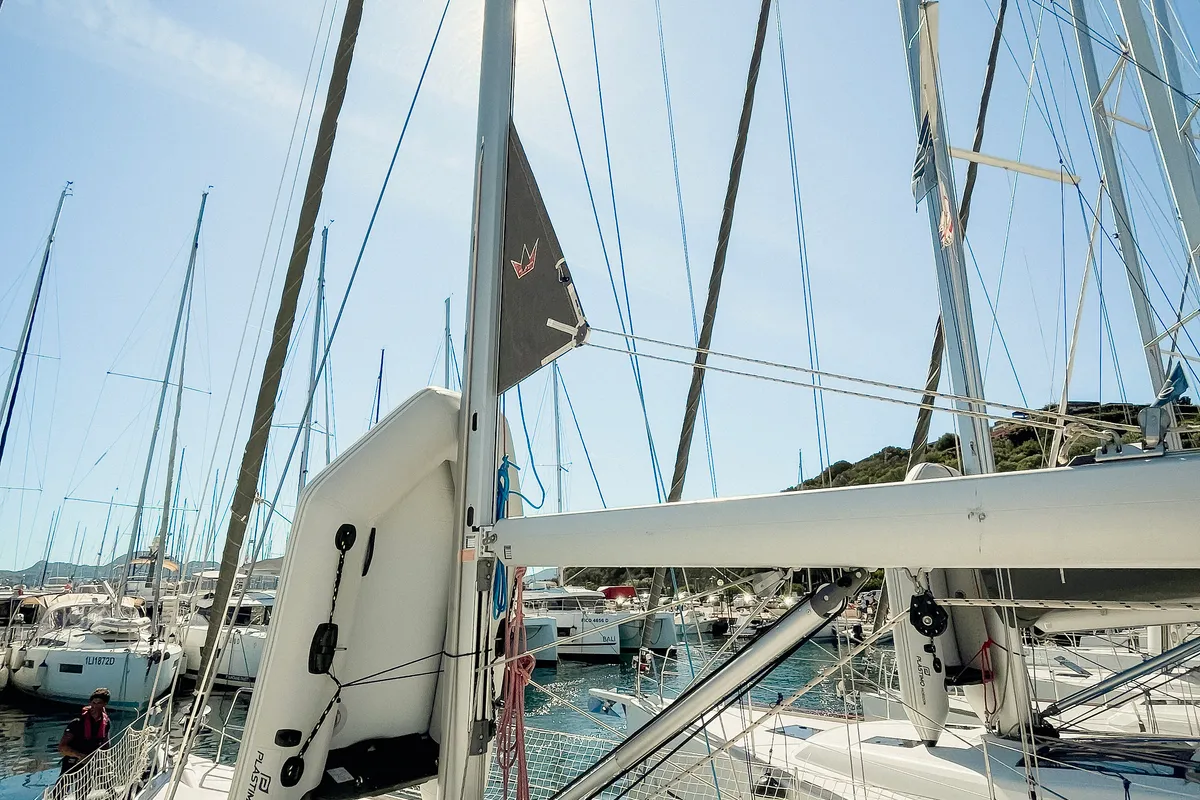 Deck of Domi, a Dufour 412 Grand large sailboat at Olbia, Italy