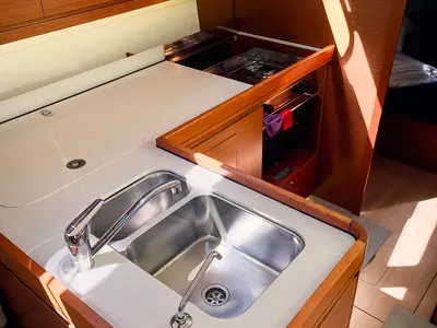Galley of Domi, a Dufour 412 Grand large sailboat at Olbia, Italy