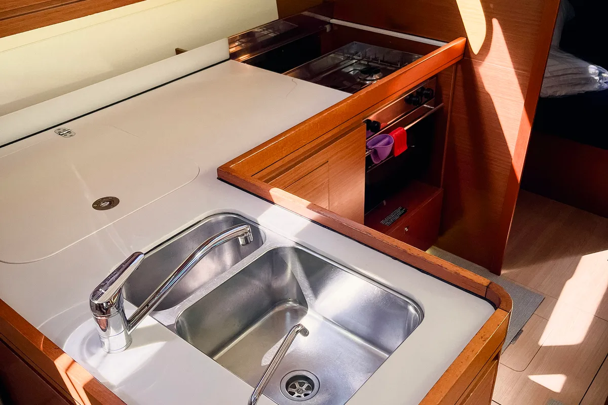 Galley of Domi, a Dufour 412 Grand large sailboat at Olbia, Italy