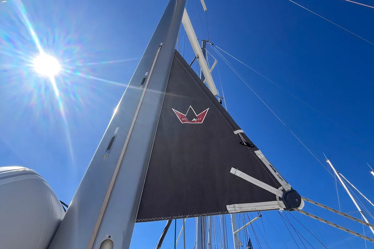 Deck of Domi, a Dufour 412 Grand large sailboat at Olbia, Italy