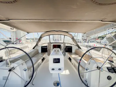Cockpit of Domi, a Dufour 412 Grand large sailboat at Olbia, Italy