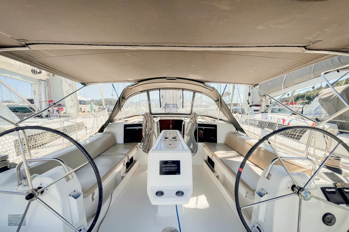 Cockpit of Domi, a Dufour 412 Grand large sailboat at Olbia, Italy