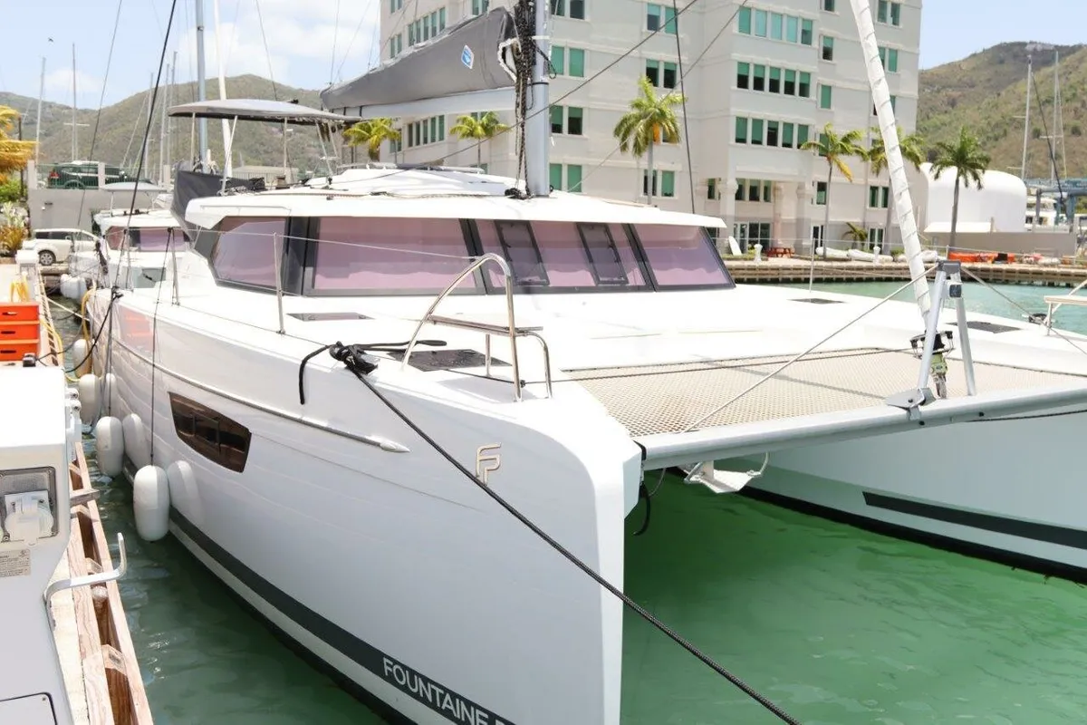 Exterior view of Time Thief, a Fountaine Pajot Astrea 42 catamaran at Road Town, British Virgin Islands