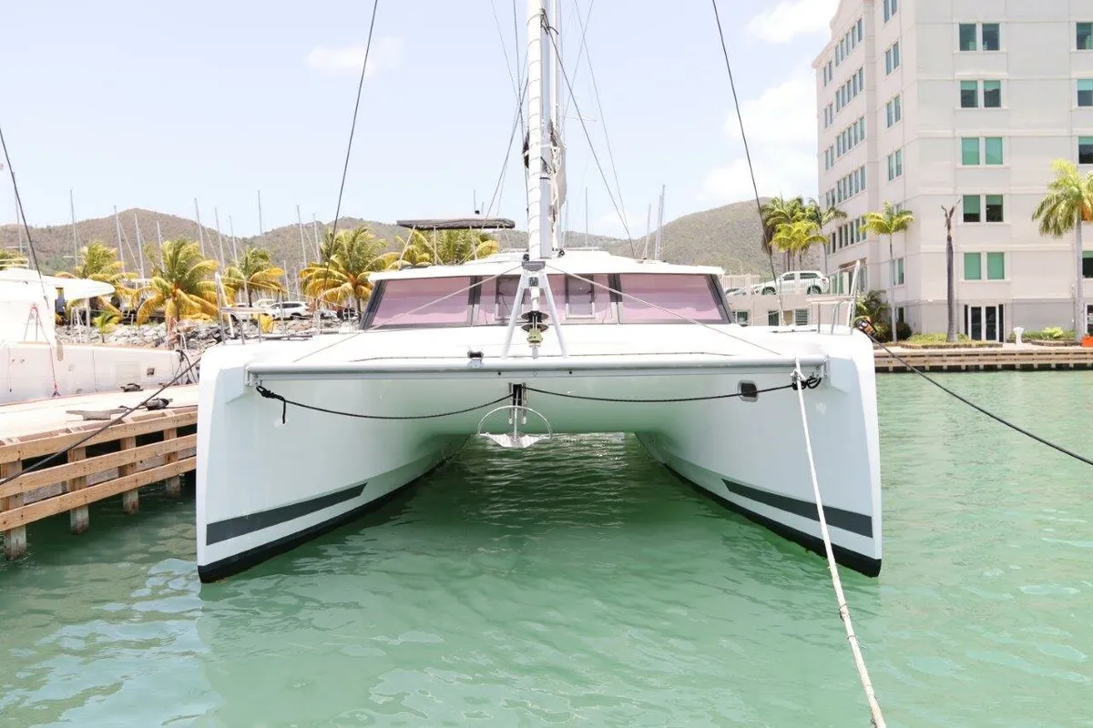 Exterior view of Time Thief, a Fountaine Pajot Astrea 42 catamaran at Road Town, British Virgin Islands
