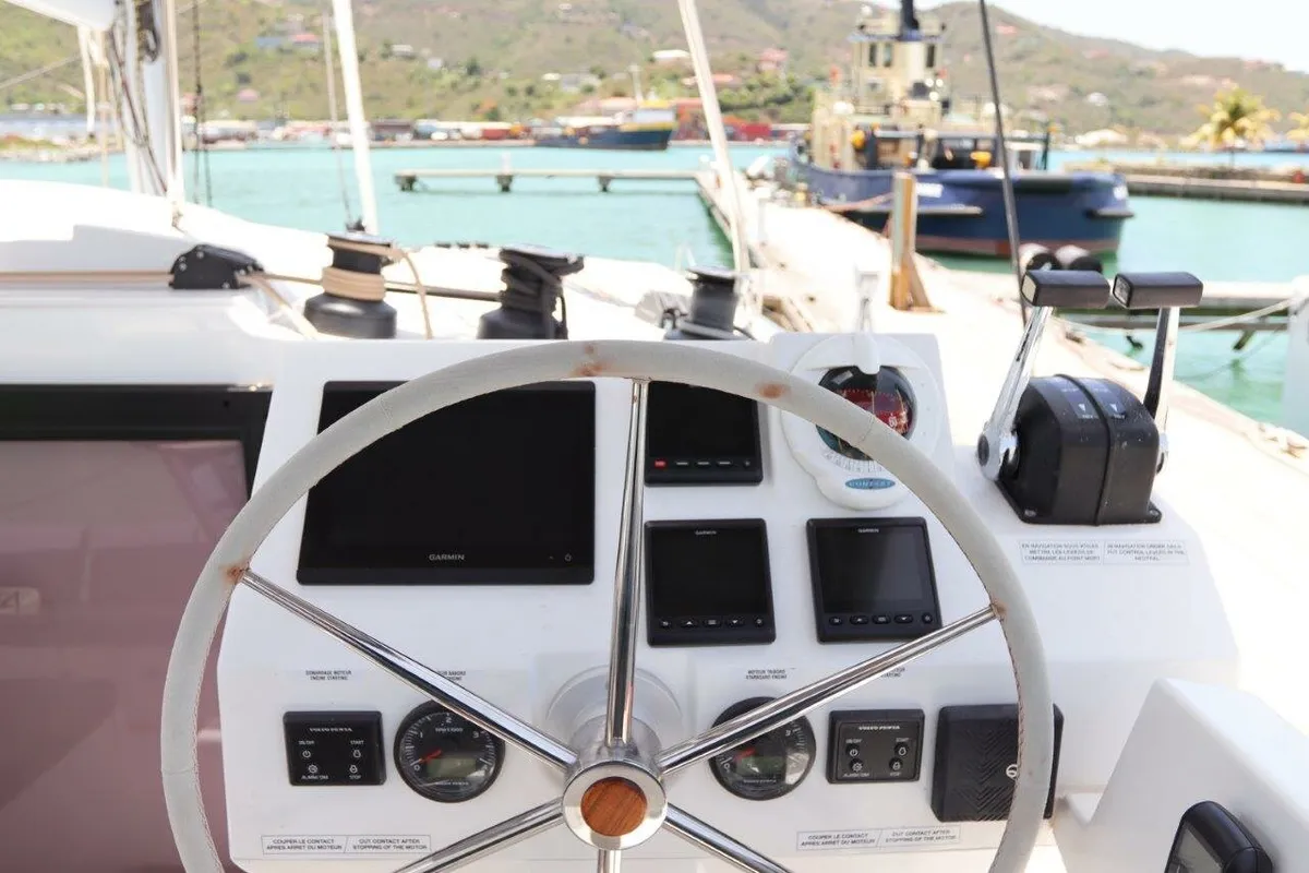 Deck of Time Thief, a Fountaine Pajot Astrea 42 catamaran at Road Town, British Virgin Islands