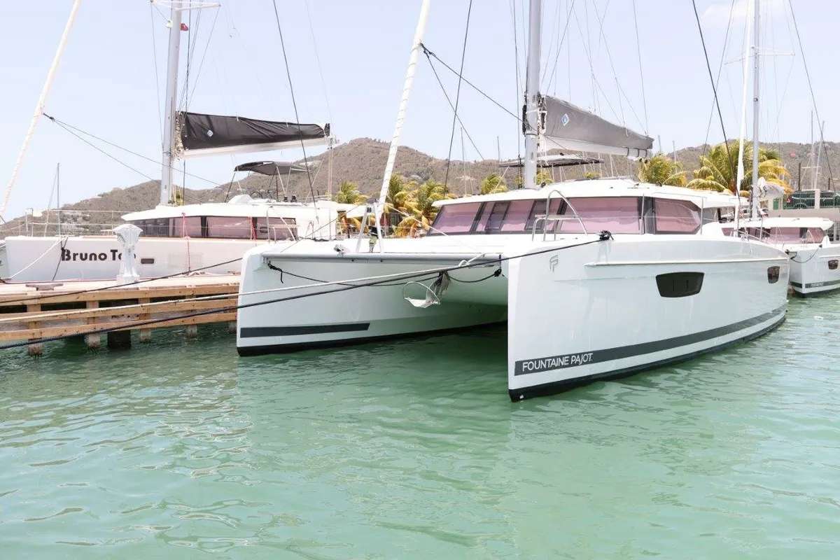 Exterior view of Time Thief, a Fountaine Pajot Astrea 42 catamaran at Road Town, British Virgin Islands
