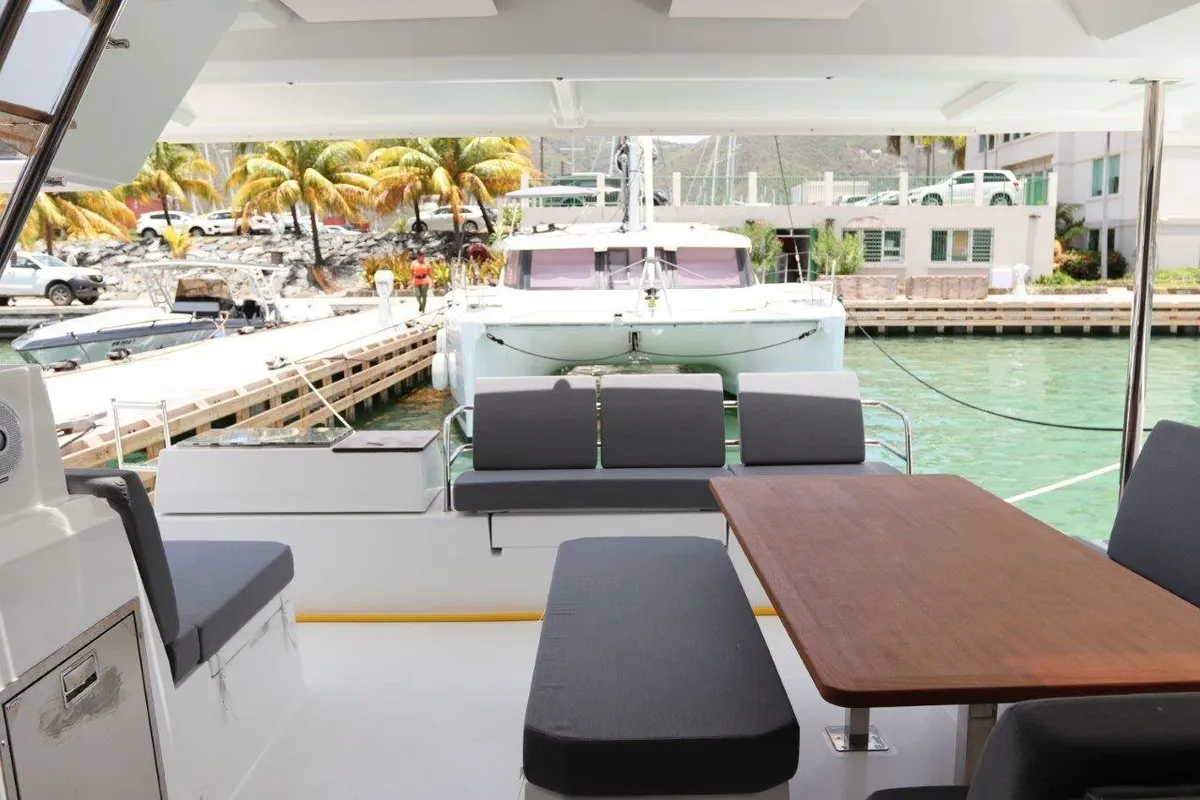 Deck of Time Thief, a Fountaine Pajot Astrea 42 catamaran at Road Town, British Virgin Islands