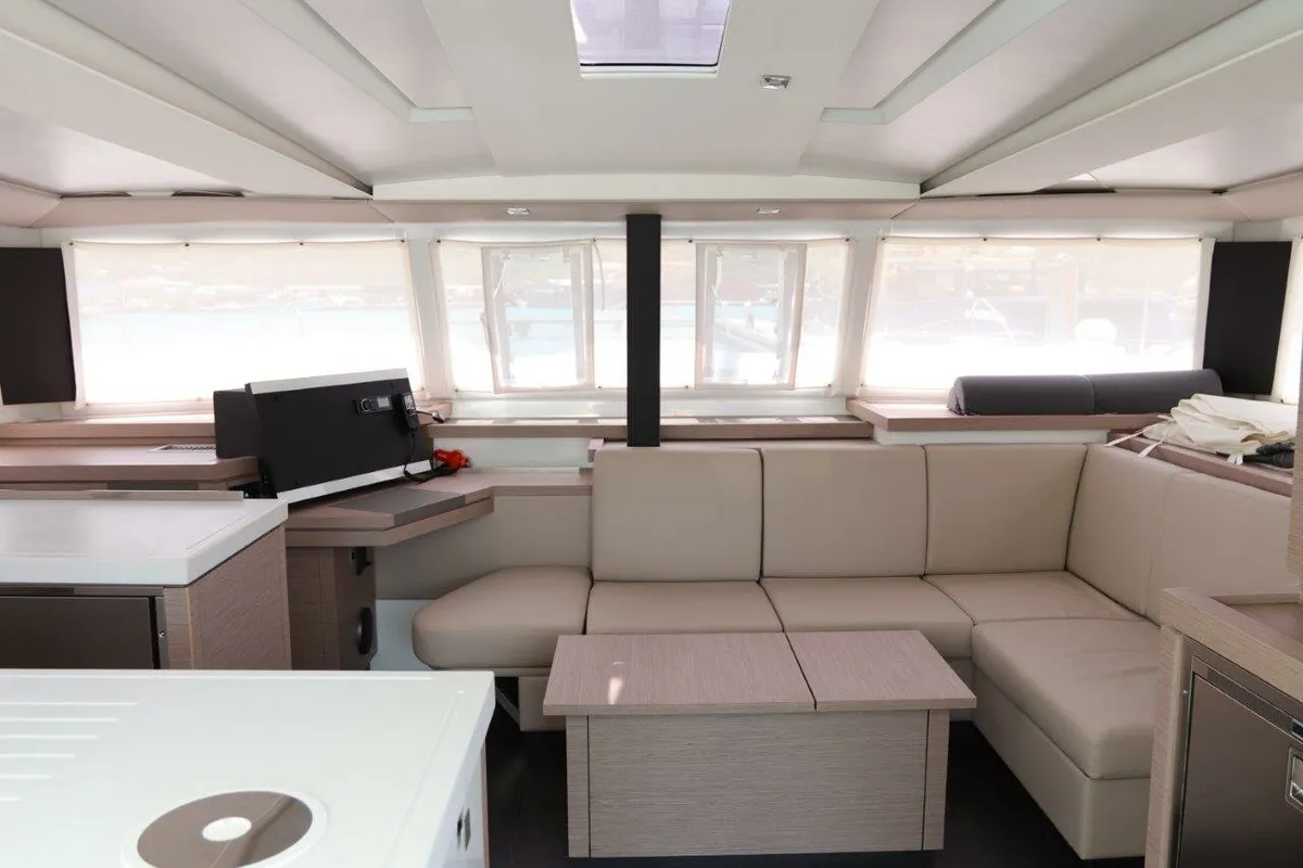 Salon of Time Thief, a Fountaine Pajot Astrea 42 catamaran at Road Town, British Virgin Islands