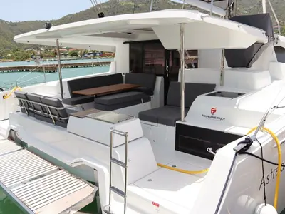 Deck of Time Thief, a Fountaine Pajot Astrea 42 catamaran at Road Town, British Virgin Islands