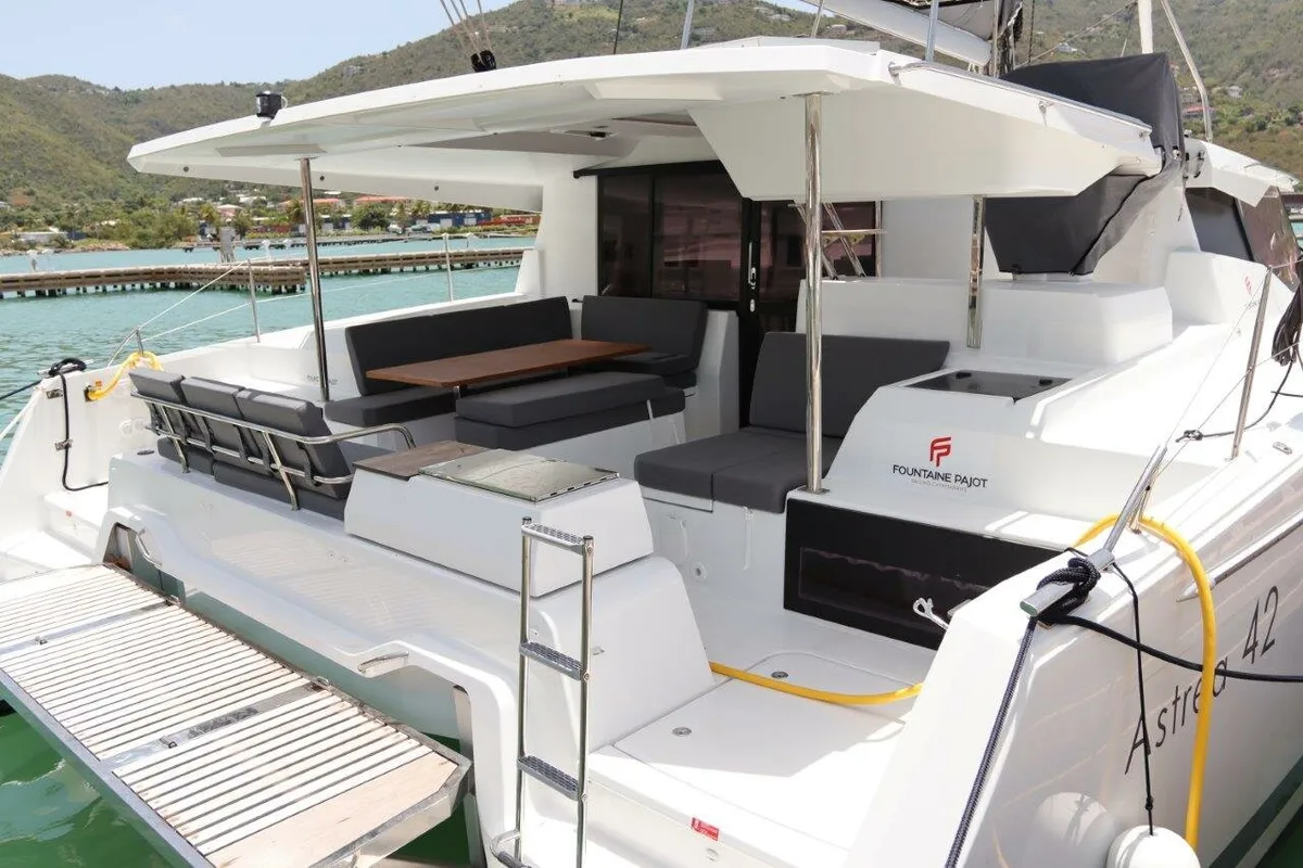 Deck of Time Thief, a Fountaine Pajot Astrea 42 catamaran at Road Town, British Virgin Islands