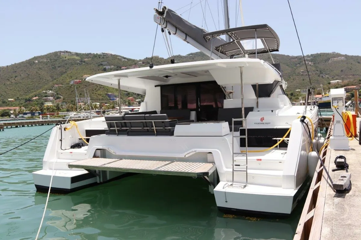 Exterior view of Time Thief, a Fountaine Pajot Astrea 42 catamaran at Road Town, British Virgin Islands