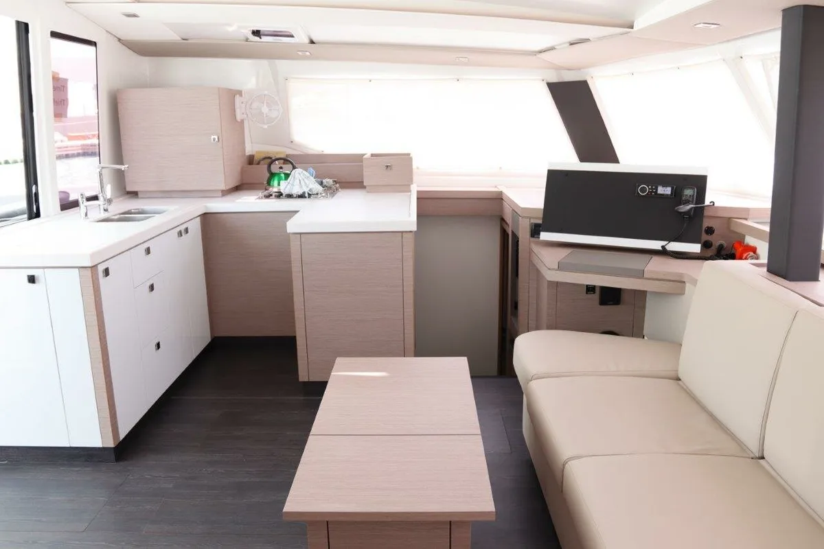 Salon of Time Thief, a Fountaine Pajot Astrea 42 catamaran at Road Town, British Virgin Islands