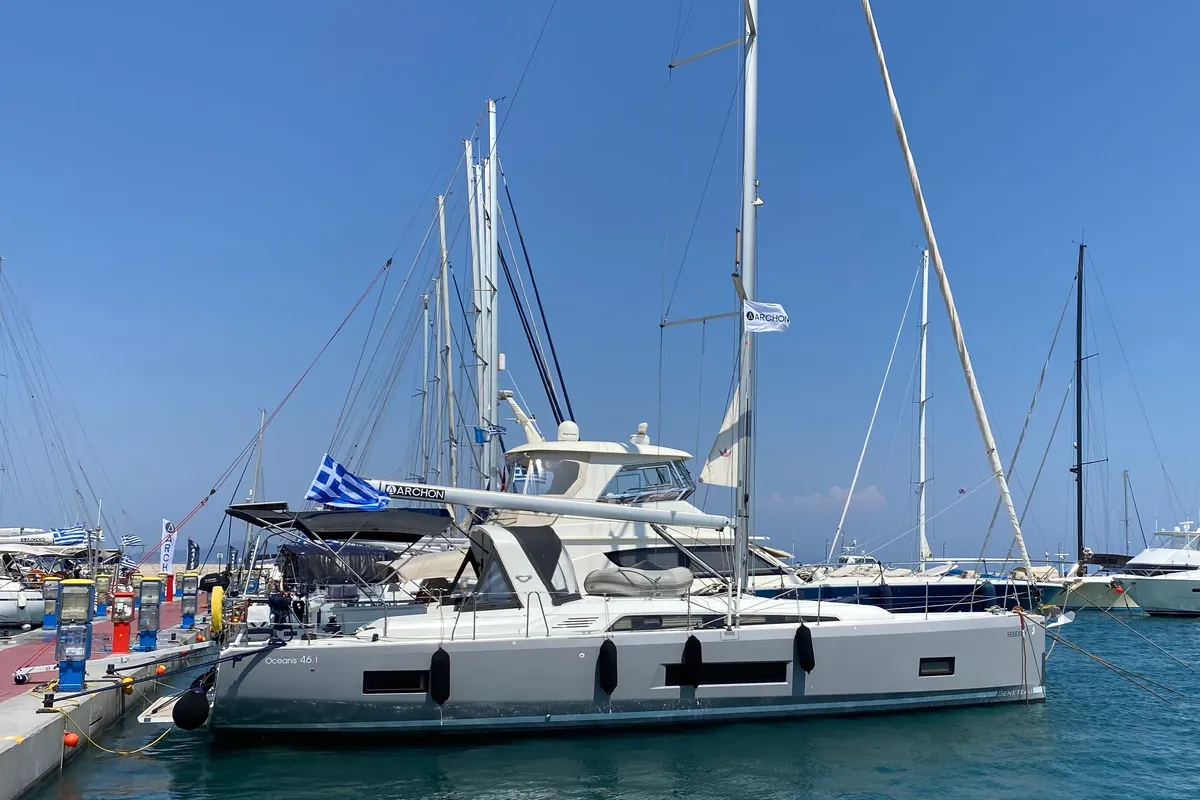 Exterior view of Serenity, a Beneteau Oceanis 46.1 sailboat at Kos, Greece