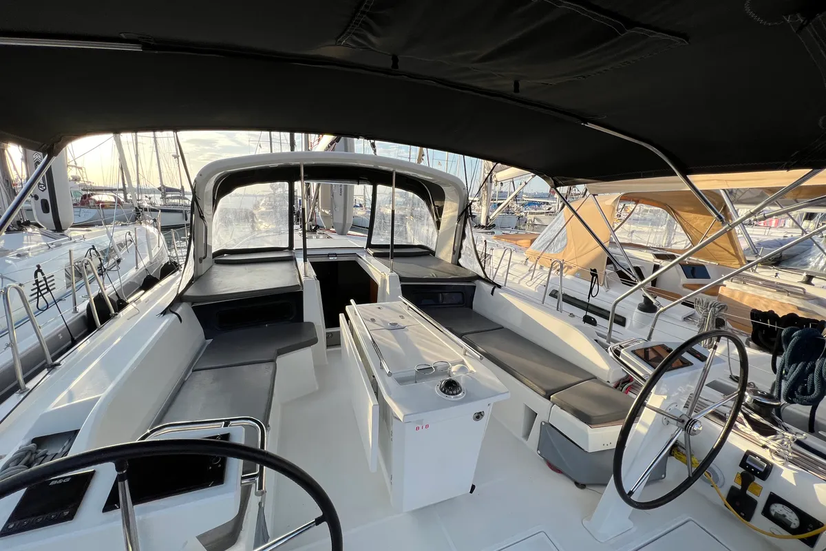 Cockpit of Serenity, a Beneteau Oceanis 46.1 sailboat at Kos, Greece