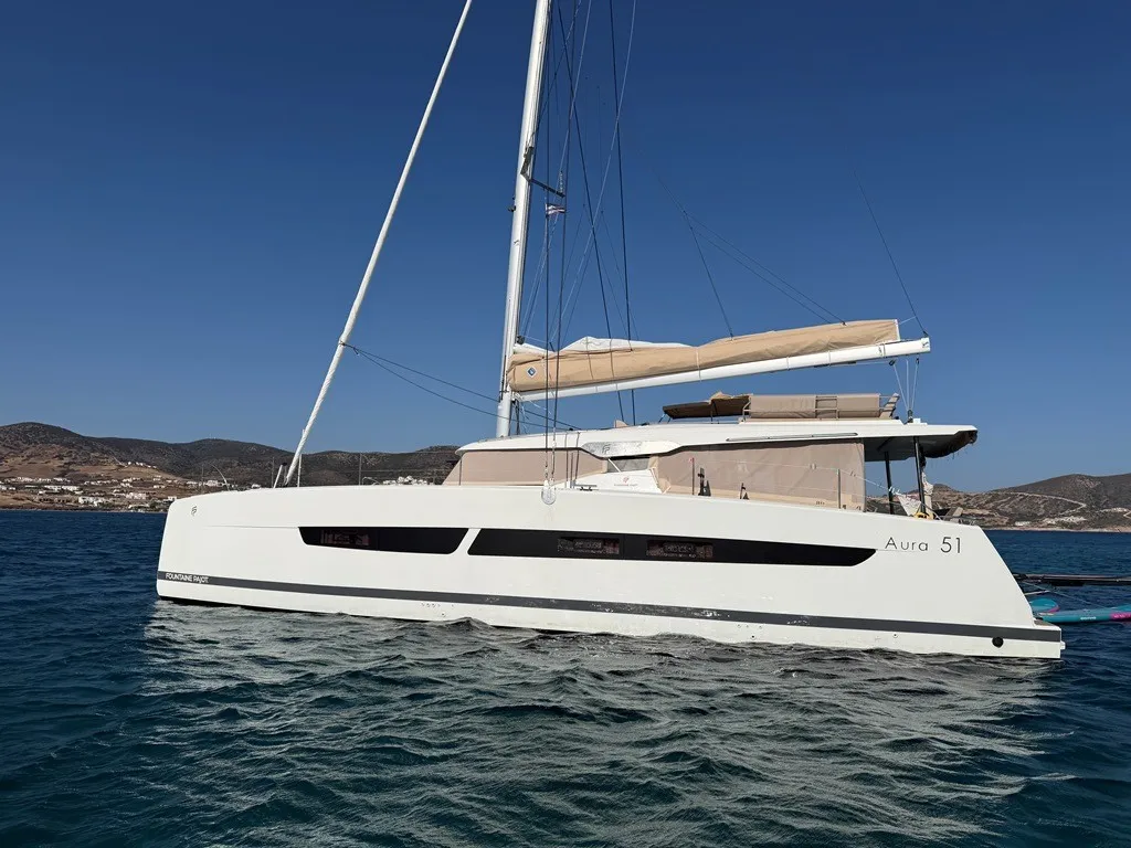 THE WAVE, a Fountaine Pajot Aura 51 catamaran at Athens, Greece