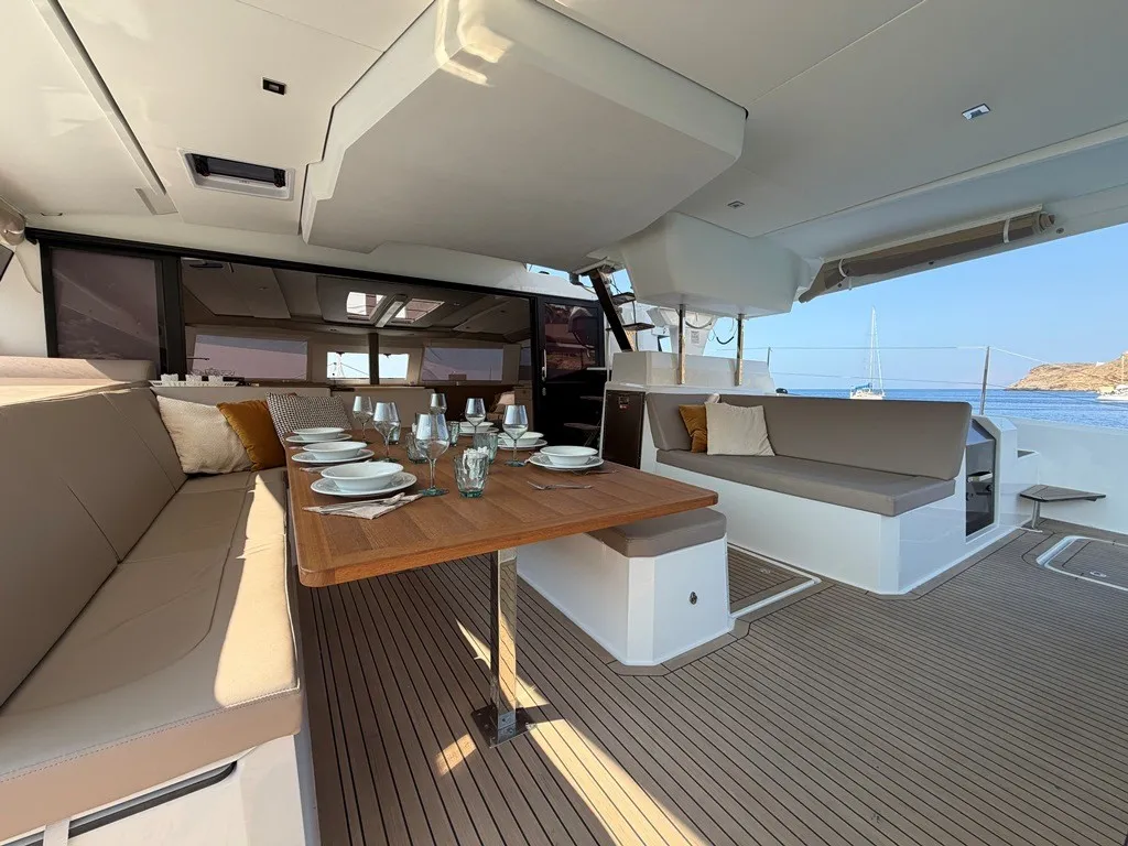 THE WAVE, a Fountaine Pajot Aura 51 catamaran at Athens, Greece