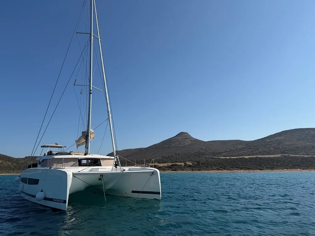 THE WAVE, a Fountaine Pajot Aura 51 catamaran at Athens, Greece