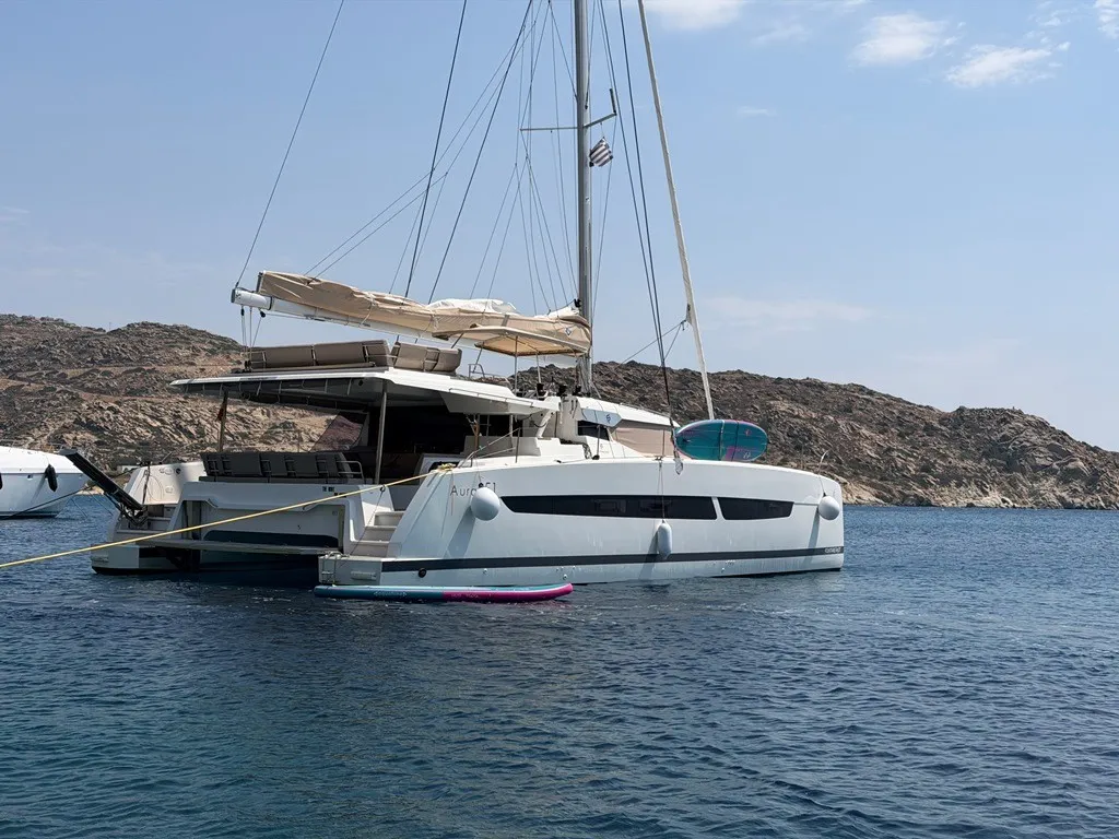 THE WAVE, a Fountaine Pajot Aura 51 catamaran at Athens, Greece