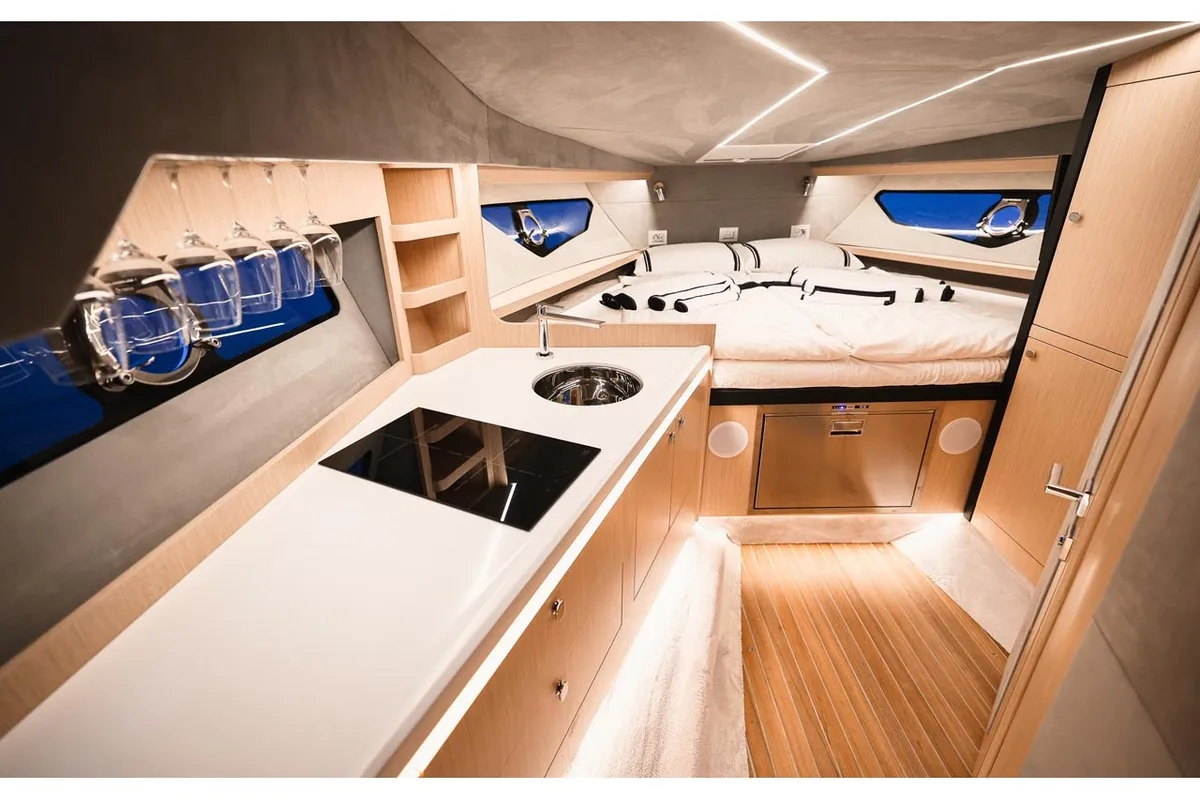 Galley of ALMA, a Focus Forza 37 motorboat at Saint-Tropez, France