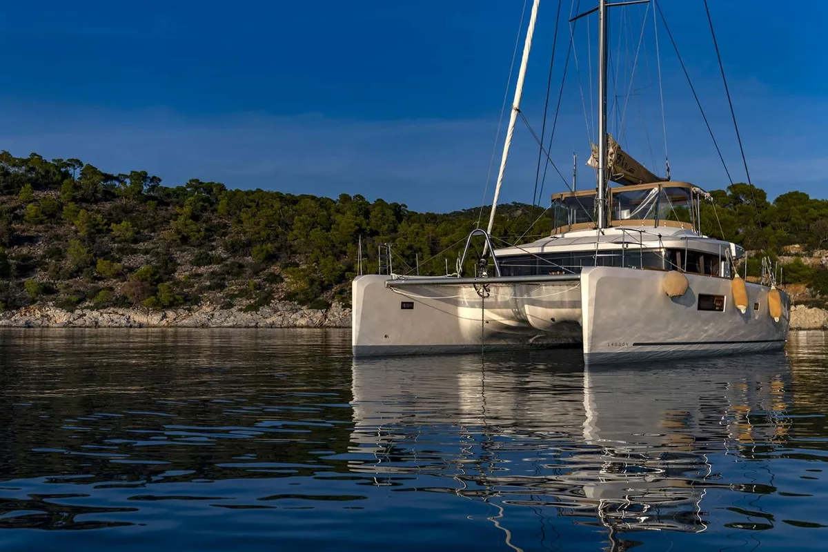 Flo, a Lagoon 52F catamaran at Agios Stefanos, Greece