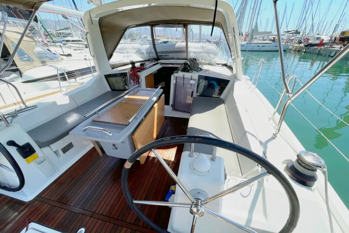 Cockpit of Black Lion, a Beneteau Oceanis 41.1 sailboat at Municipal Unit of Ellomenos, Greece