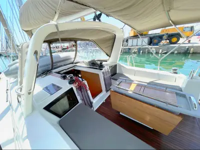 Cockpit of Black Lion, a Beneteau Oceanis 41.1 sailboat at Ellomenos, Greece