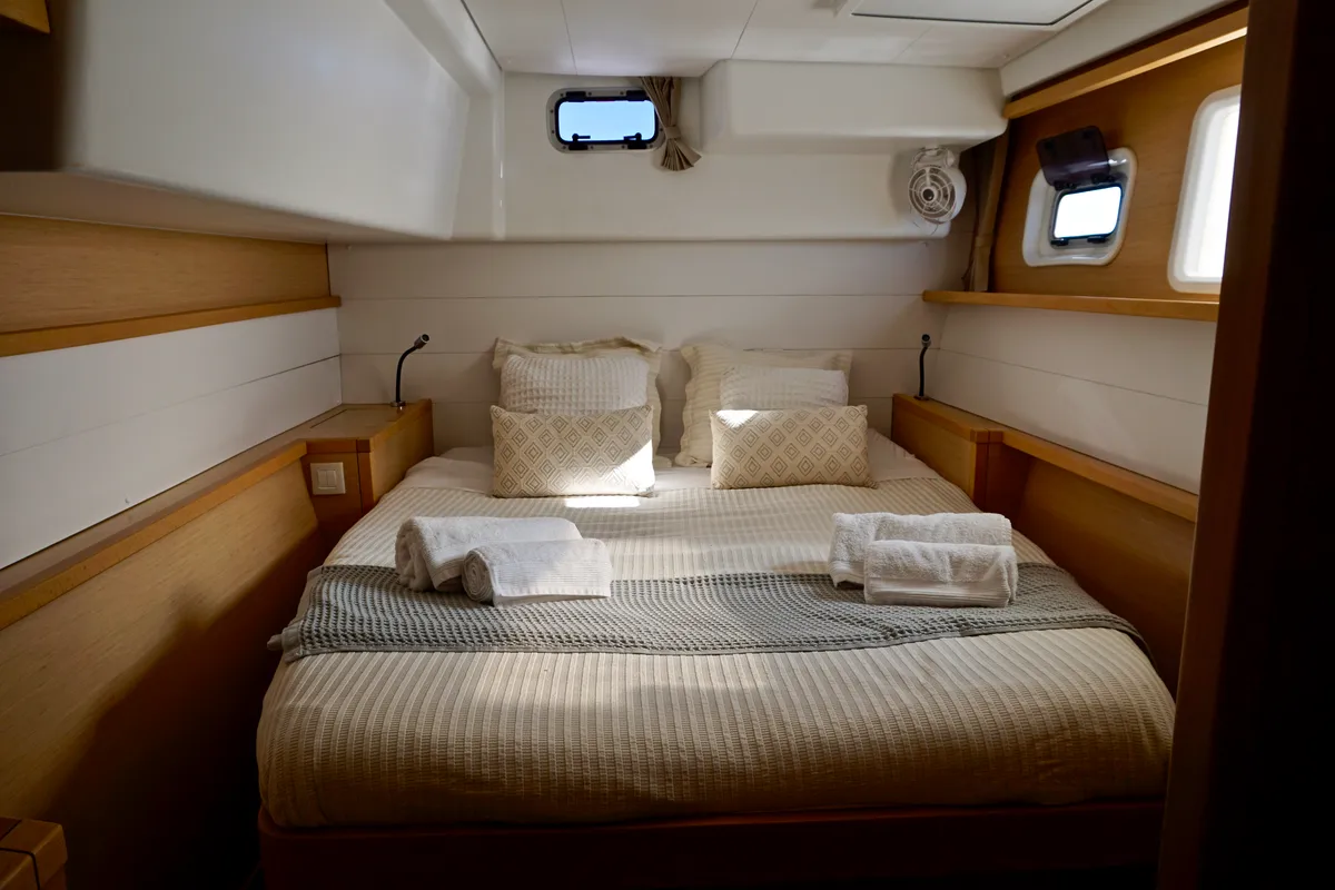 Cabin on Oneno, a Lagoon 450 Fly catamaran at Sant Antoni de Portmany, Spain