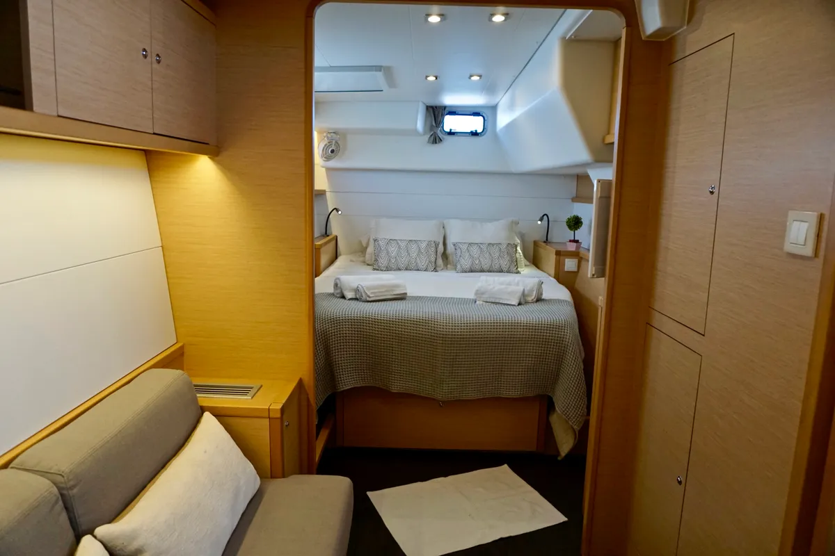 Cabin on Oneno, a Lagoon 450 Fly catamaran at Sant Antoni de Portmany, Spain