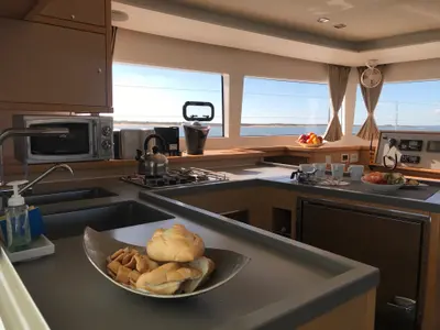 Galley of Oneno, a Lagoon 450 Fly catamaran at Sant Antoni de Portmany, Spain