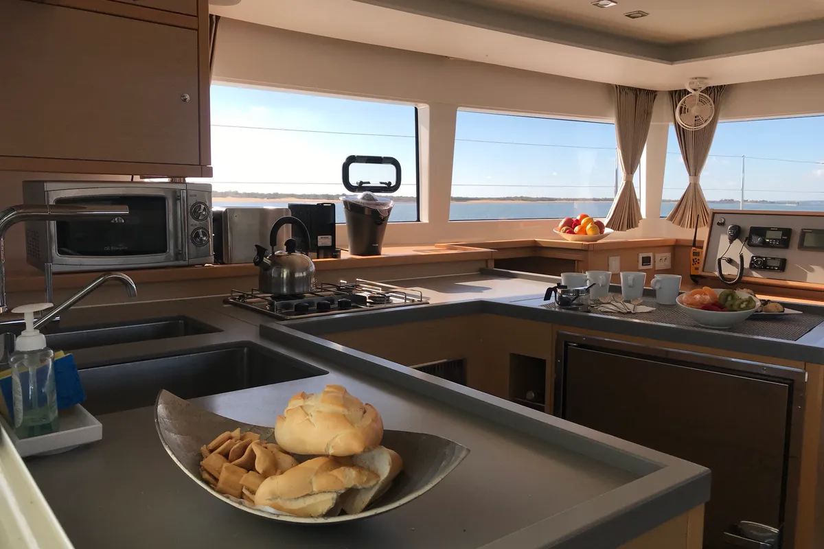 Galley of Oneno, a Lagoon 450 Fly catamaran at Sant Antoni de Portmany, Spain