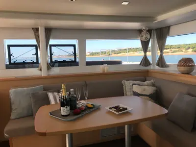 Salon of Oneno, a Lagoon 450 Fly catamaran at Sant Antoni de Portmany, Spain