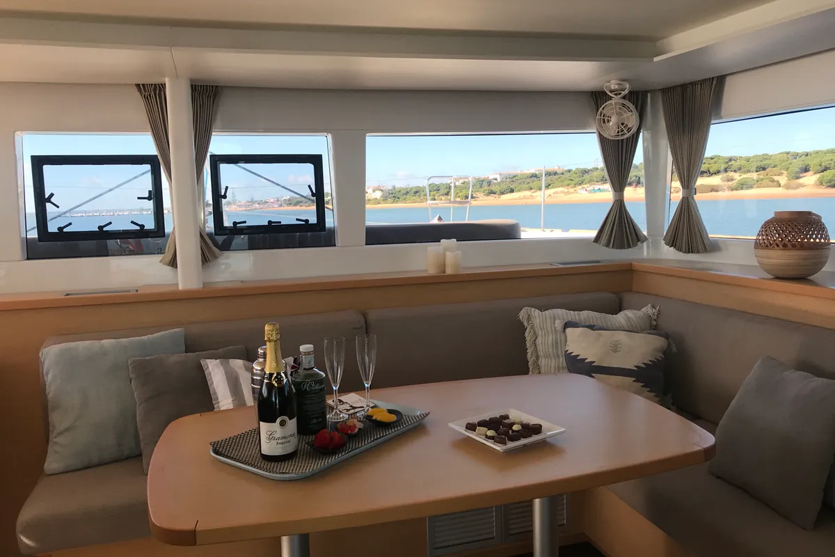 Salon of Oneno, a Lagoon 450 Fly catamaran at Sant Antoni de Portmany, Spain