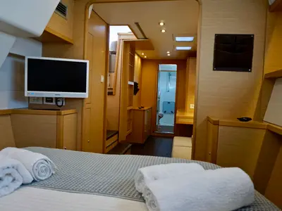 Cabin on Oneno, a Lagoon 450 Fly catamaran at Sant Antoni de Portmany, Spain