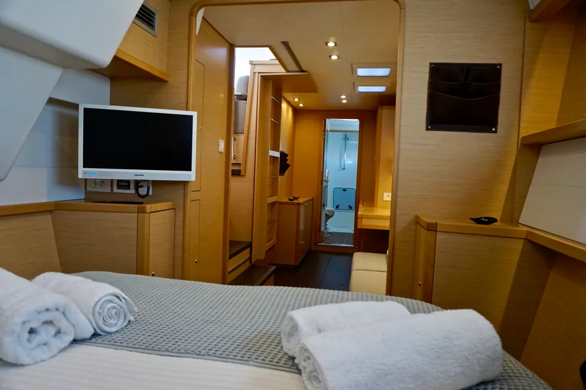 Cabin on Oneno, a Lagoon 450 Fly catamaran at Sant Antoni de Portmany, Spain
