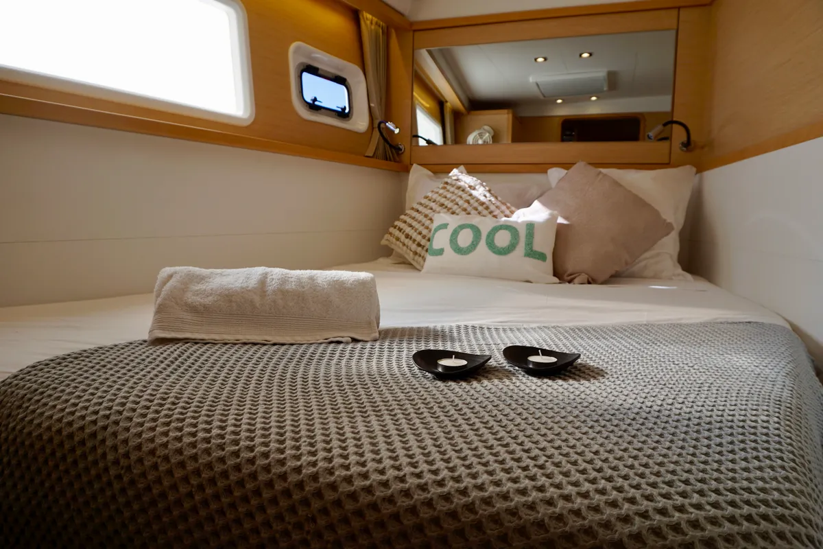 Cabin on Oneno, a Lagoon 450 Fly catamaran at Sant Antoni de Portmany, Spain