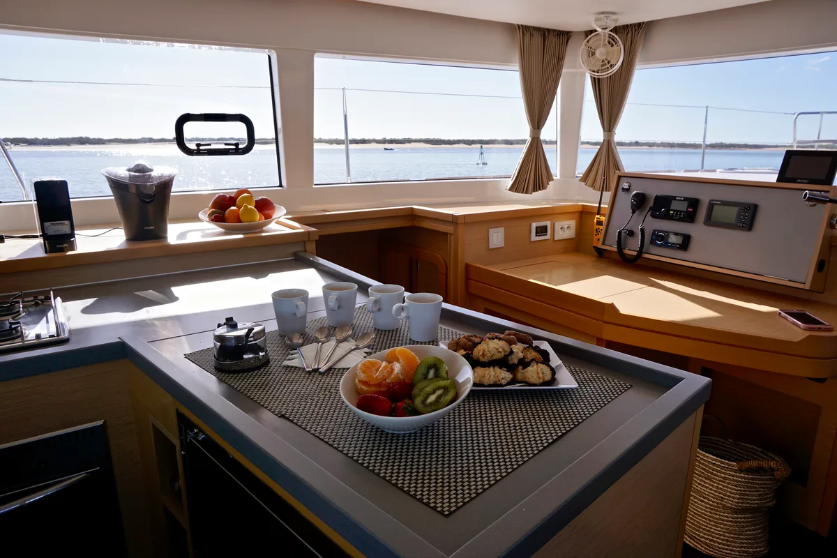 Galley of Oneno, a Lagoon 450 Fly catamaran at Sant Antoni de Portmany, Spain